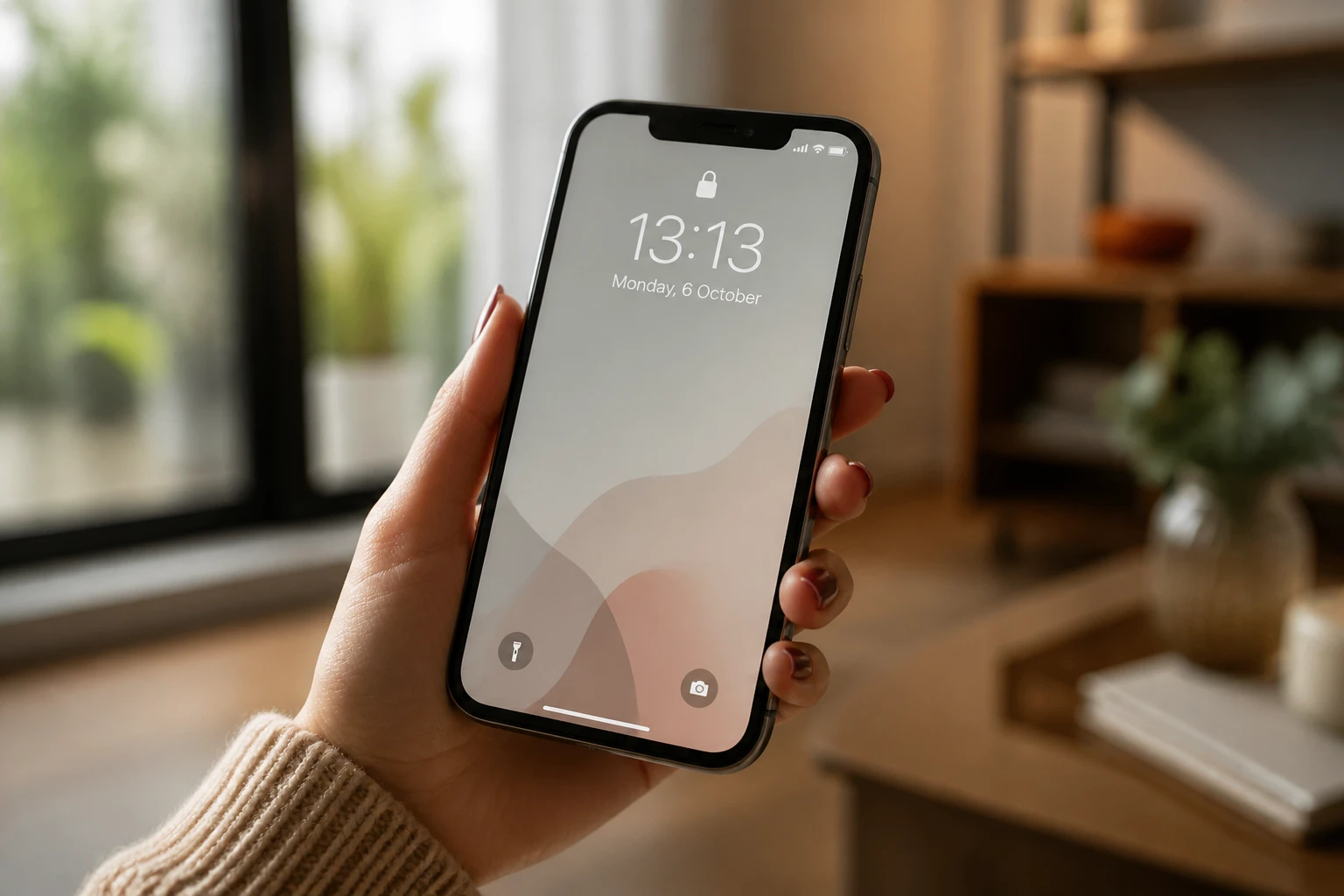 Femme regardant l'heure 13h13 sur son smartphone dans un intérieur lumineux et chaleureux