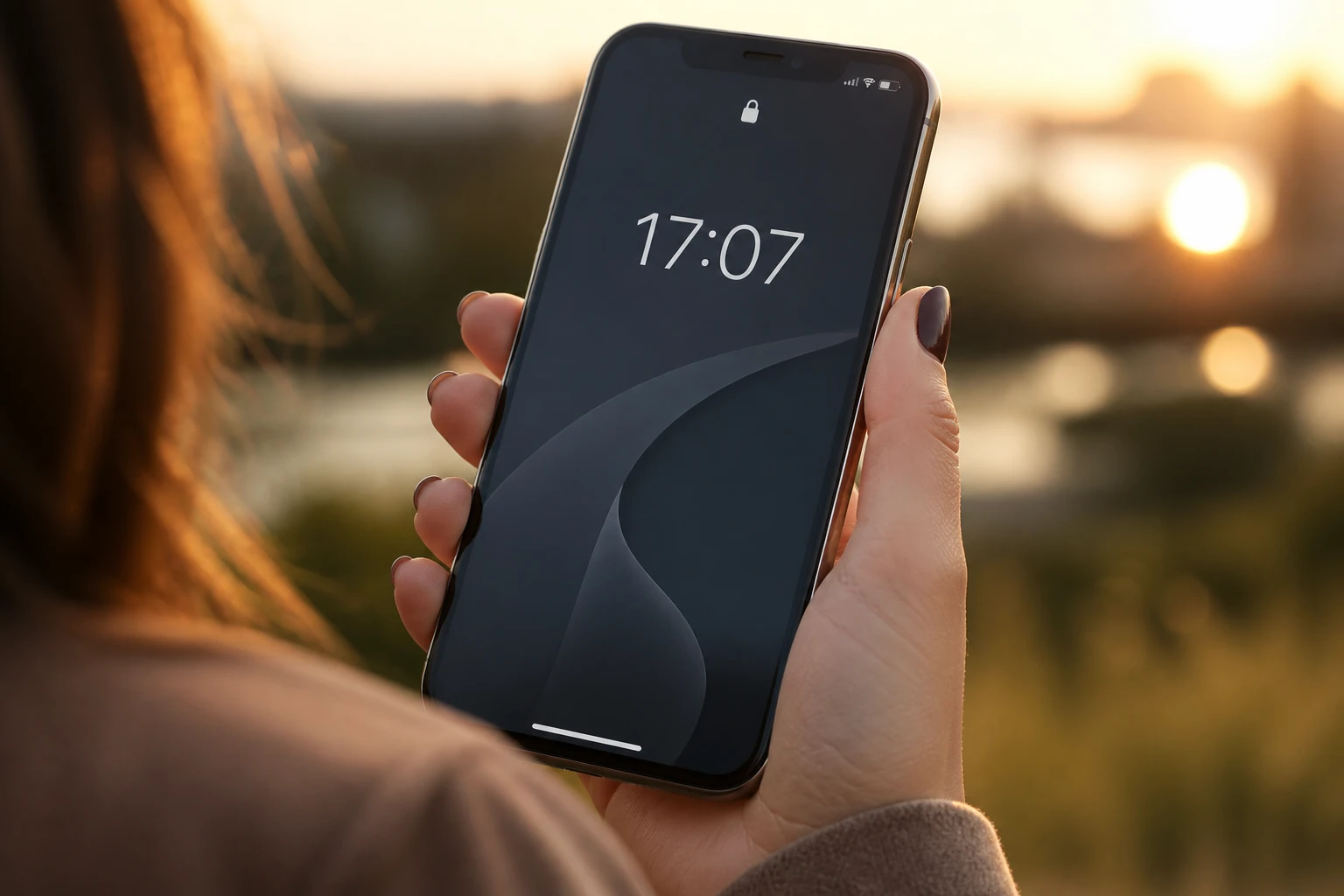 Téléphone affichant 17h07 tenu dans une main en lumière dorée de fin d'après-midi