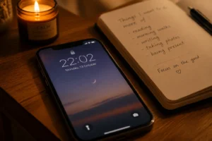 Téléphone affichant 22h02 sur une table de nuit avec une bougie et un carnet ouvert, lumière dorée du soir