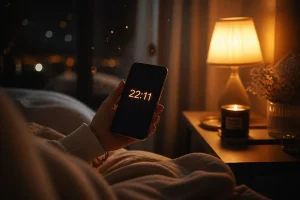 Main tenant un smartphone affichant 22h11 dans une chambre apaisante éclairée à la lumière dorée