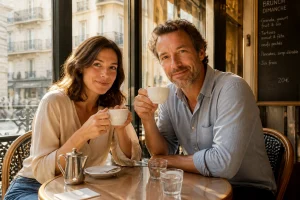 Femme et homme veuf assis dans un café, souriant ensemble dans une atmosphère douce et intime