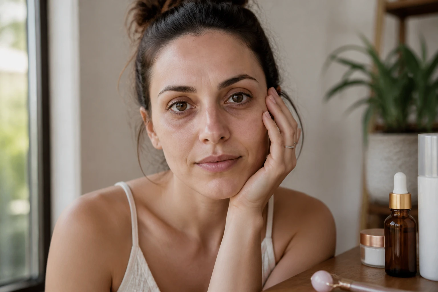 Femme de 30 ans avec des cernes visibles sous les yeux, en lumière naturelle douce