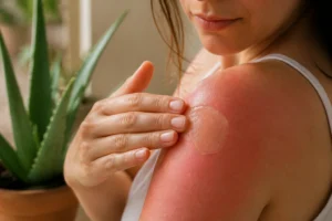 Application de gel d'aloe vera sur une épaule rouge après un coup de soleil
