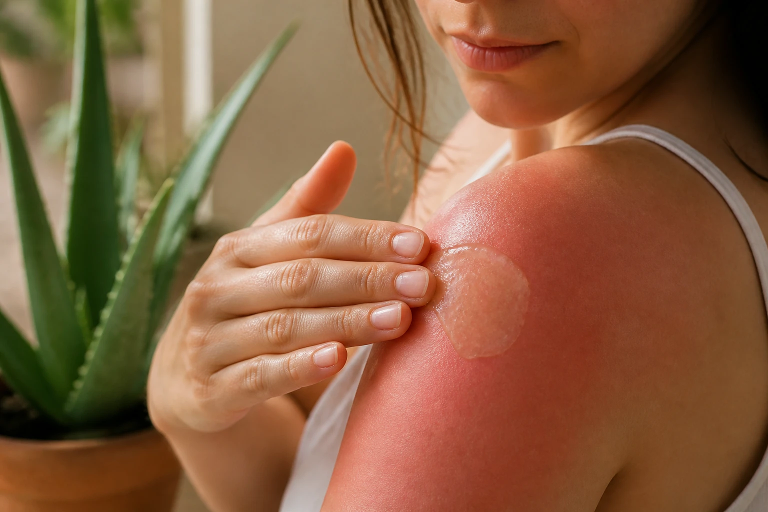 Application de gel d'aloe vera sur une épaule rouge après un coup de soleil