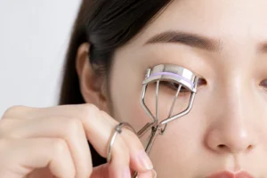 Femme utilisant un recourbe-cils en métal sur ses cils naturels, gros plan beauté en lumière naturelle