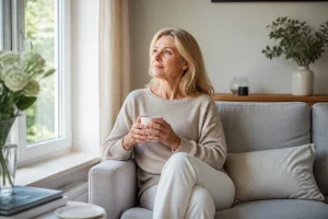 Mère d'âge mûr regardant par la fenêtre, air pensif, atmosphère douce et intimiste