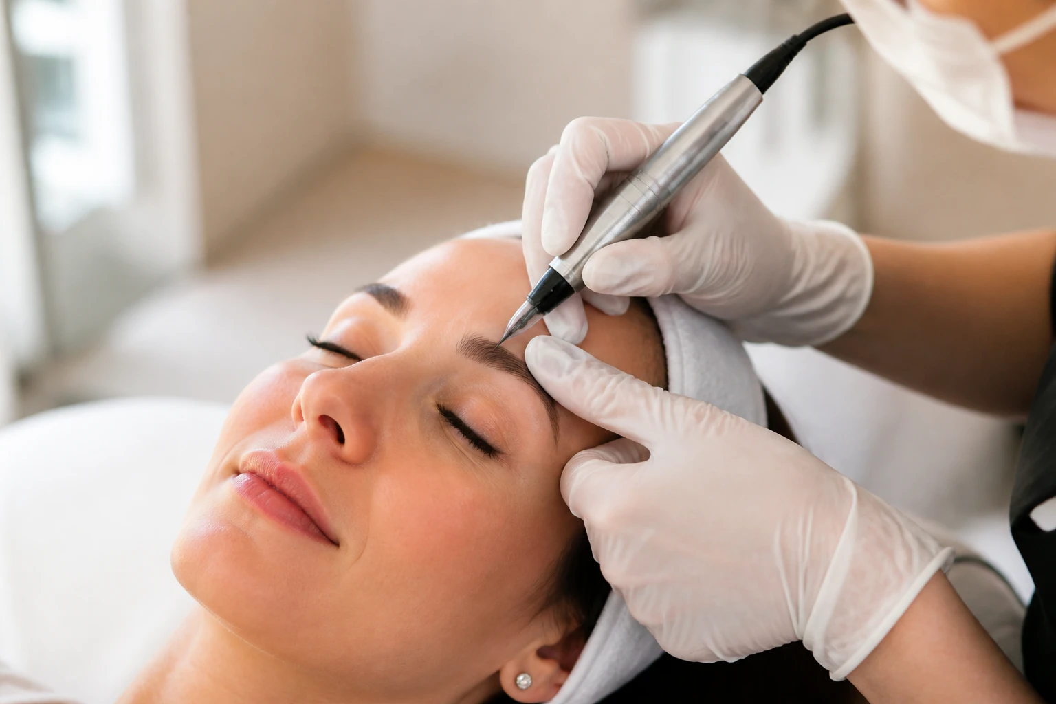Praticienne réalisant une séance de dermopigmentation des sourcils au dermographe en institut