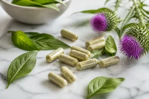 Gélules de complément alimentaire minceur entourées de feuilles de thé vert et fleurs de chardon-Marie sur fond marbre blanc
