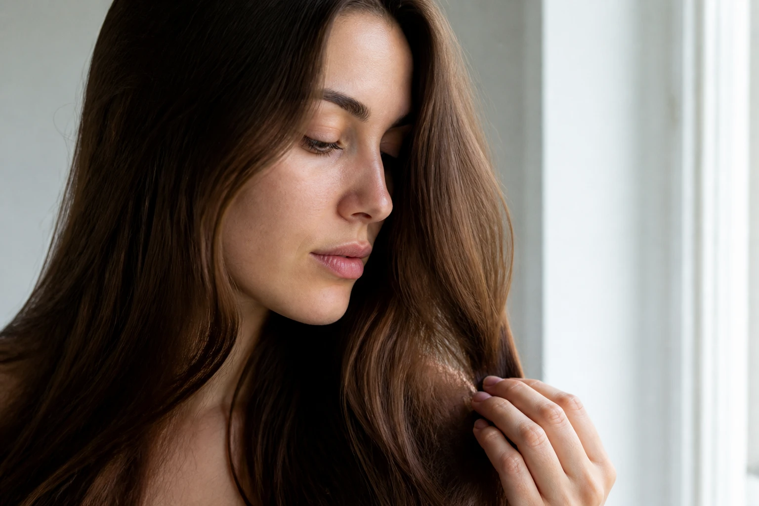Femme aux longs cheveux bruns brillants et en bonne santé dans une lumière naturelle douce