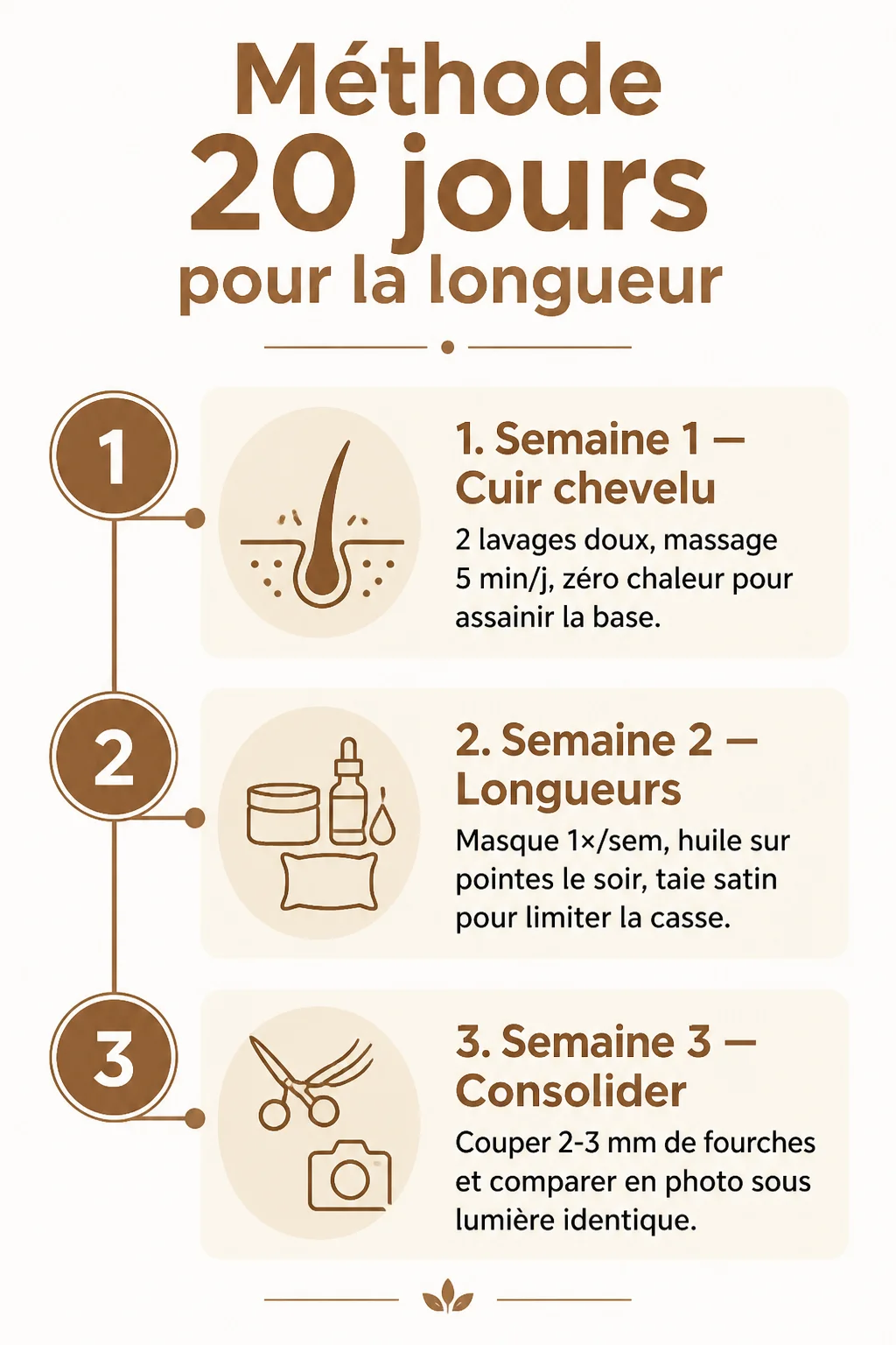 Méthode 20 jours pour la longueur : 1. Semaine 1 — Cuir chevelu, 2. Semaine 2 — Longueurs, 3. Semaine 3 — Consolider