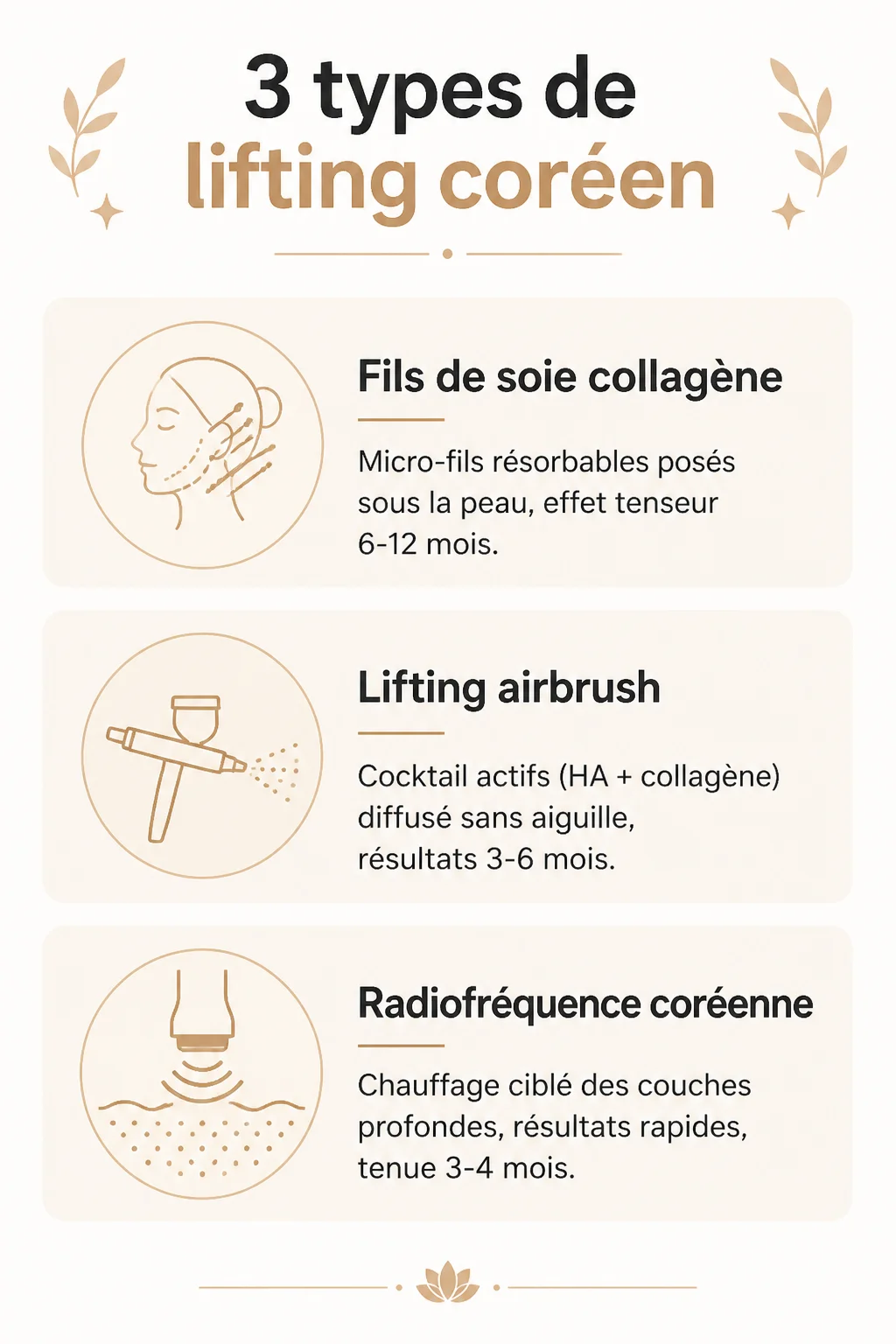 3 types de lifting coréen : Fils de soie collagène, Lifting airbrush, Radiofréquence coréenne