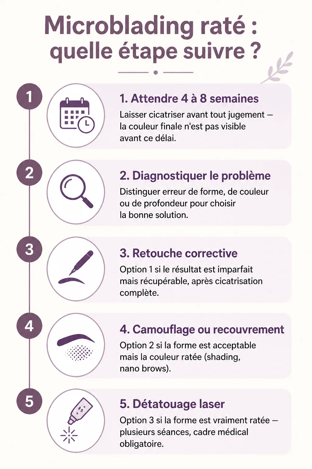 Microblading raté : quelle étape suivre ? : 1. Attendre 4 à 8 semaines, 2. Diagnostiquer le problème, 3. Retouche corrective, 4. Camouflage ou recouvrement, 5. Détatouage laser