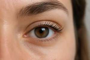 Résultat lash lift sur cils naturels relevés, gros plan sur œil sans maquillage, lumière douce