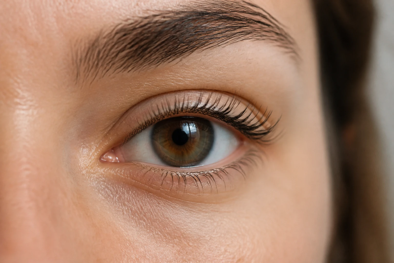 Résultat lash lift sur cils naturels relevés, gros plan sur œil sans maquillage, lumière douce
