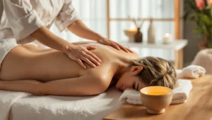 Praticienne réalisant un massage japonais sur les épaules d'une femme allongée, ambiance zen