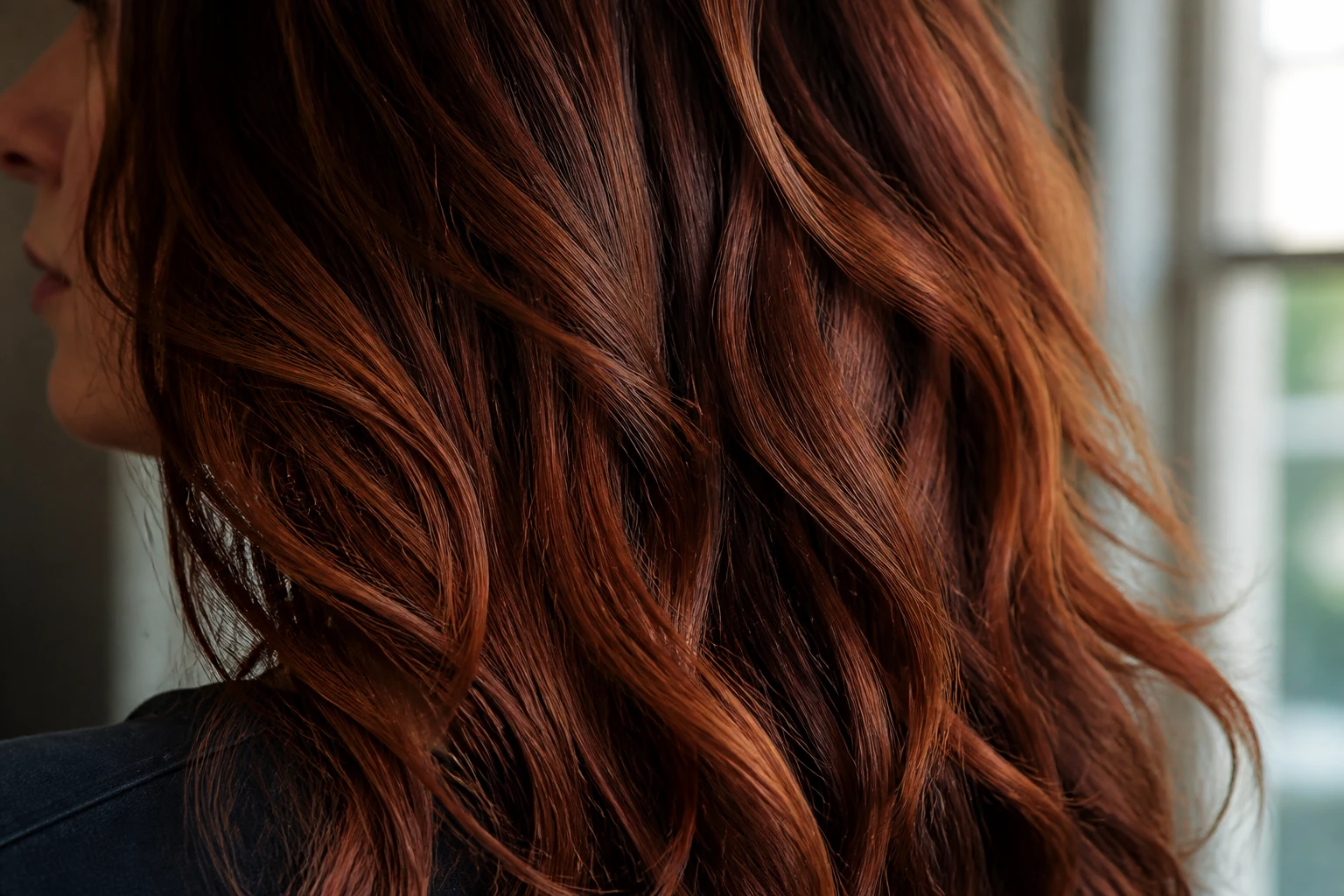Cheveux avec reflets cuivrés et dorés obtenus par coloration végétale, texture naturelle en lumière douce