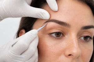 Praticienne PMU examinant des sourcils après microblading, consultation esthétique professionnelle en gros plan