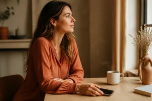 Femme posant son téléphone éteint près d'une fenêtre, symbole du no-contact assumé face au narcissique