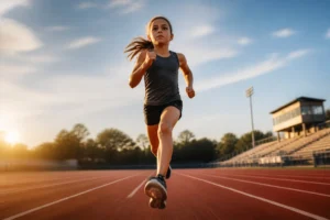 Jeune fille en tenue de sport courant avec énergie et confiance sur une piste d'athlétisme