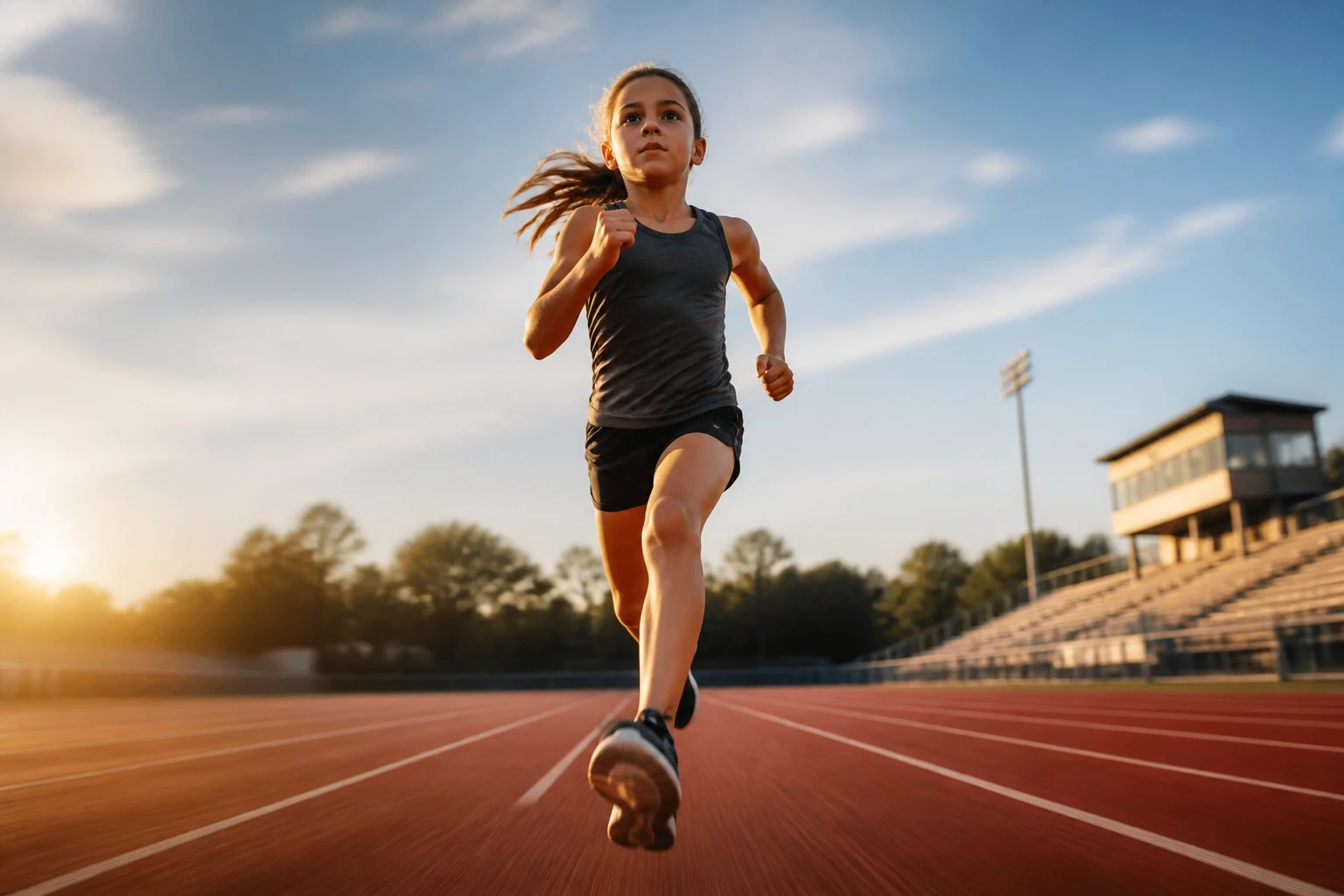 Jeune fille en tenue de sport courant avec énergie et confiance sur une piste d'athlétisme