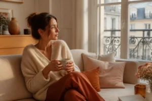 Femme pensive sur un canapé beige tenant une tasse de thé, lumière douce, ambiance introspective d'un salon parisien