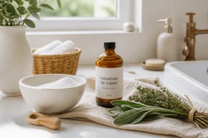 Bol de bicarbonate, vinaigre de cidre et plantes médicinales pour remèdes intimes naturels