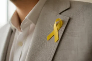 Ruban jaune épinglé sur un vêtement gris clair, symbole de solidarité et de soutien