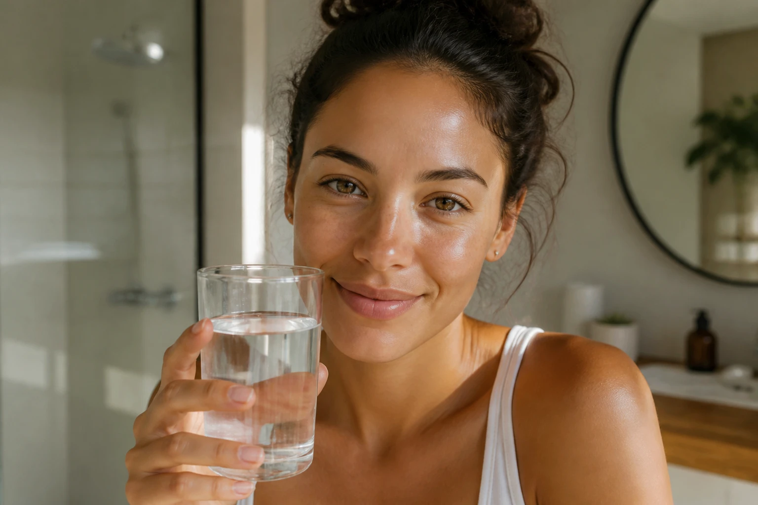 Femme buvant un verre d'eau dans une salle de bain lumineuse pour soulager une infection urinaire