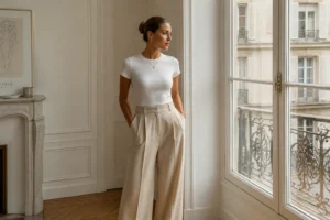 Femme en tenue clean girl beige et blanc avec chignon plaqué dans un appartement lumineux et épuré
