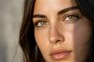 Gros plan sur des yeux hazel aux reflets verts dorés et bruns en lumière naturelle