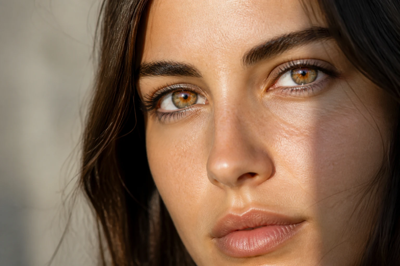 Gros plan sur des yeux hazel aux reflets verts dorés et bruns en lumière naturelle