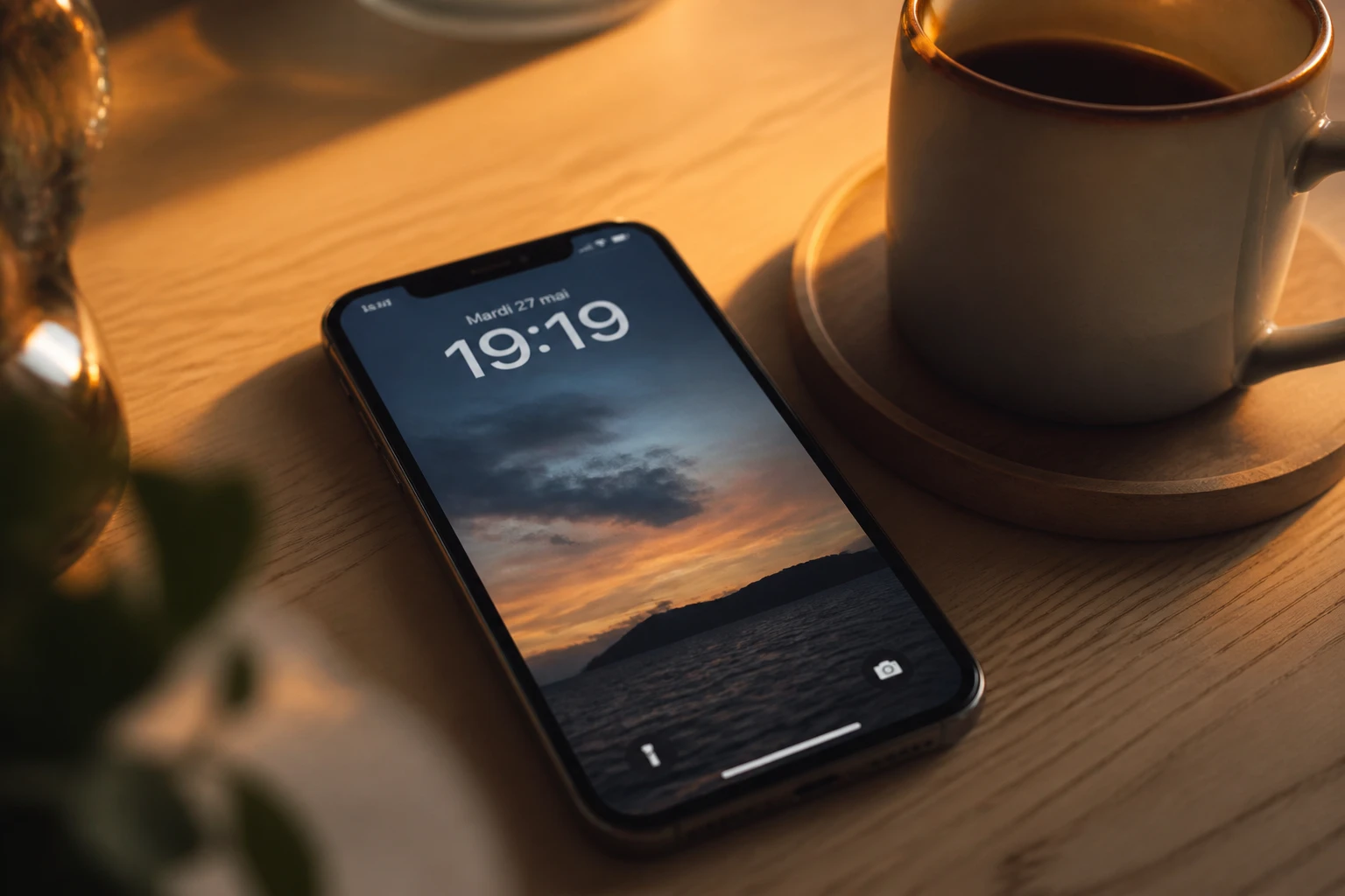 Smartphone affichant 19h19 posé sur une table en bois avec une tasse de café, lumière chaude