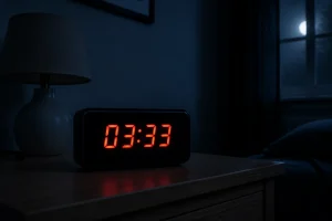 Réveil numérique affichant 03h33 la nuit sur une table de chevet dans une chambre sombre