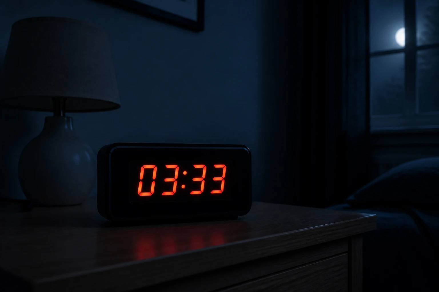 Réveil numérique affichant 03h33 la nuit sur une table de chevet dans une chambre sombre