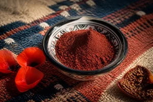 Poudre d'aker fassi marocaine authentique dans une coupelle avec coquelicot et écorce de grenade