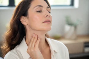 Femme touchant délicatement son cou pour examiner un bouton ou une masse cervicale