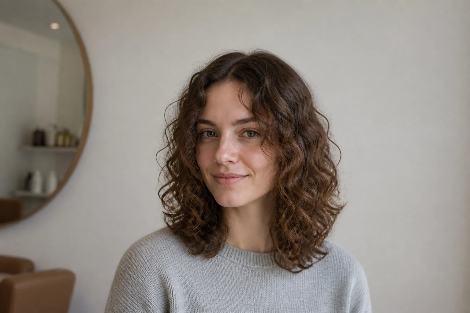 Femme aux cheveux fins mi-longs avec des boucles souples obtenues par une permanente wavy