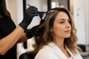 Femme en salon de coiffure recevant un soin capillaire pour retirer une permanente