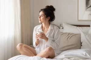 Jeune femme sereine assise sur son lit dans une chambre lumineuse, réfléchissant calmement