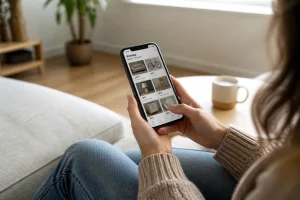 Femme tenant son smartphone pour se déconnecter de son compte Vinted