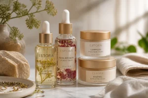 Produits de soin naturels certifiés bio disposés sur marbre blanc, lumière naturelle douce, photographie beauté éditoriale