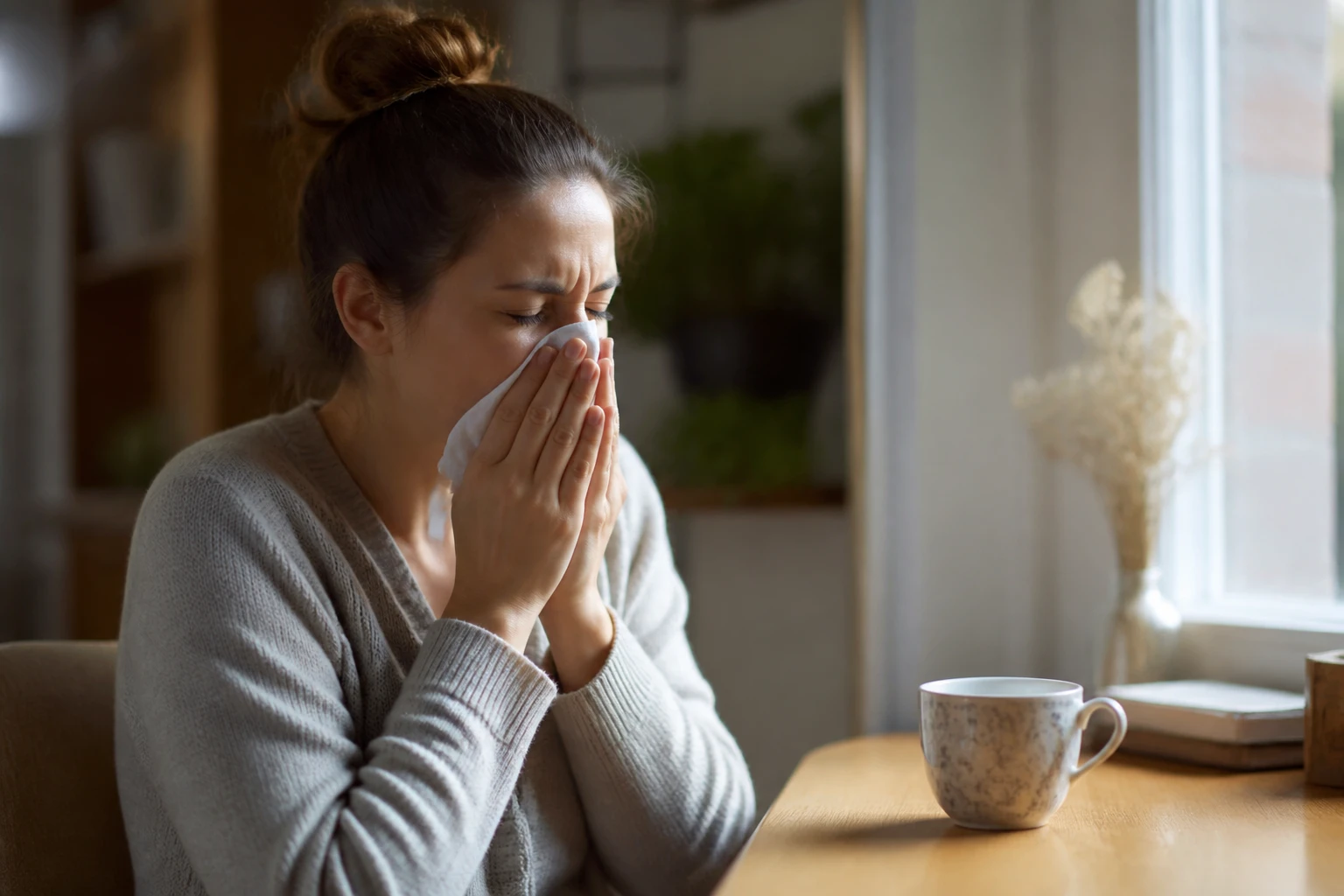 Jeune femme éternuant près d'une fenêtre lumineuse le matin avec un mouchoir en papier
