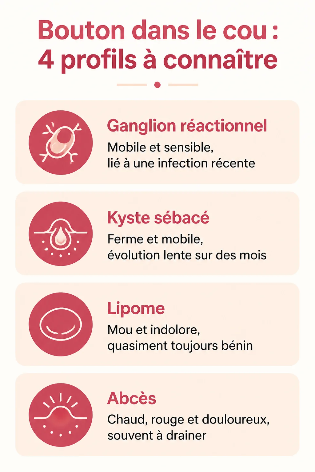 Bouton dans le cou : 4 profils à connaître : Ganglion réactionnel, Kyste sébacé, Lipome, Abcès