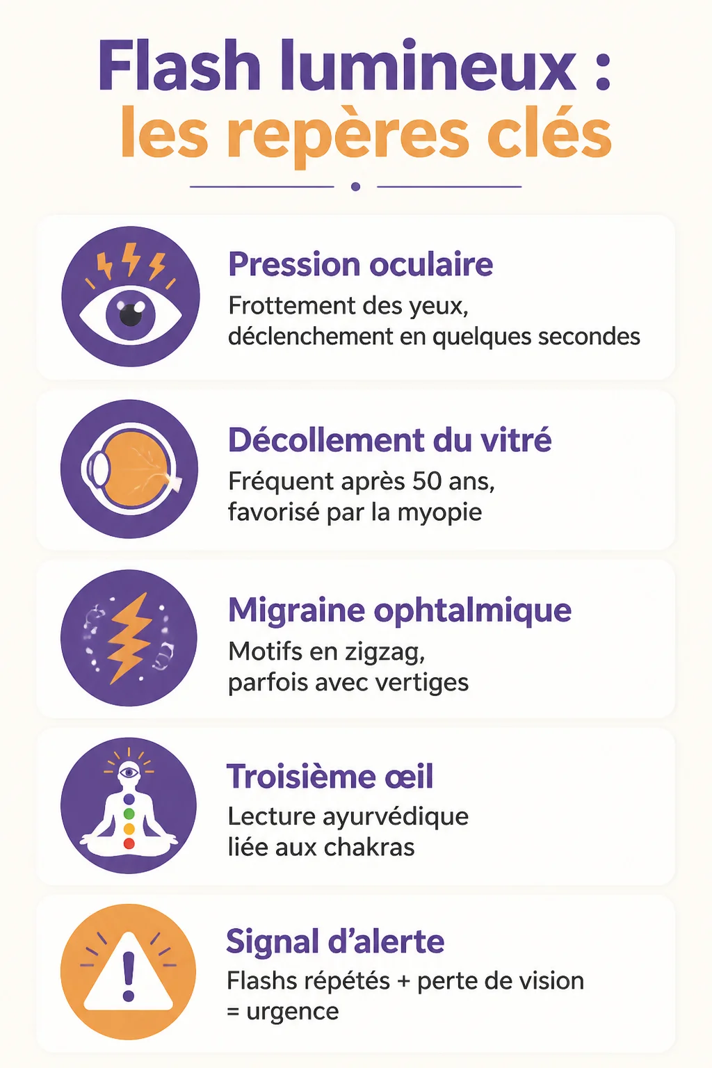 Flash lumineux : les repères clés : Pression oculaire, Décollement du vitré, Migraine ophtalmique, Troisième œil, Signal d'alerte