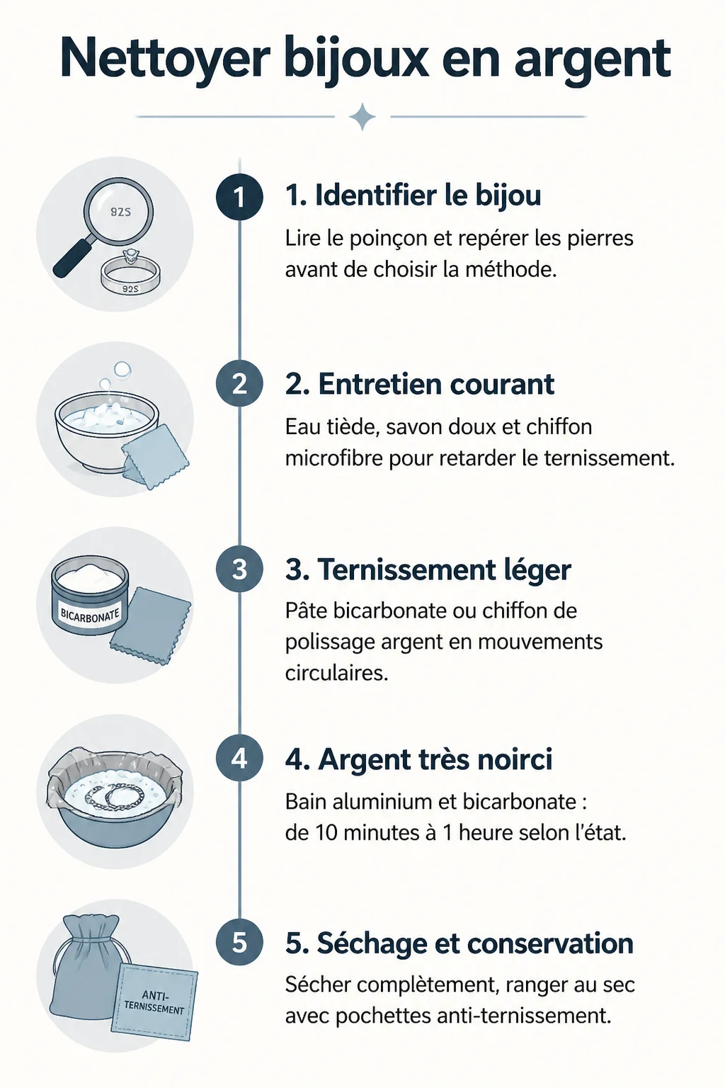 Nettoyer bijoux en argent : 1. Identifier le bijou, 2. Entretien courant, 3. Ternissement léger, 4. Argent très noirci, 5. Séchage et conservation