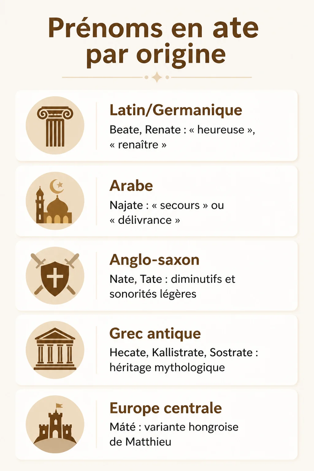 Prénoms en ate par origine : Latin/Germanique, Arabe, Anglo-saxon, Grec antique, Europe centrale