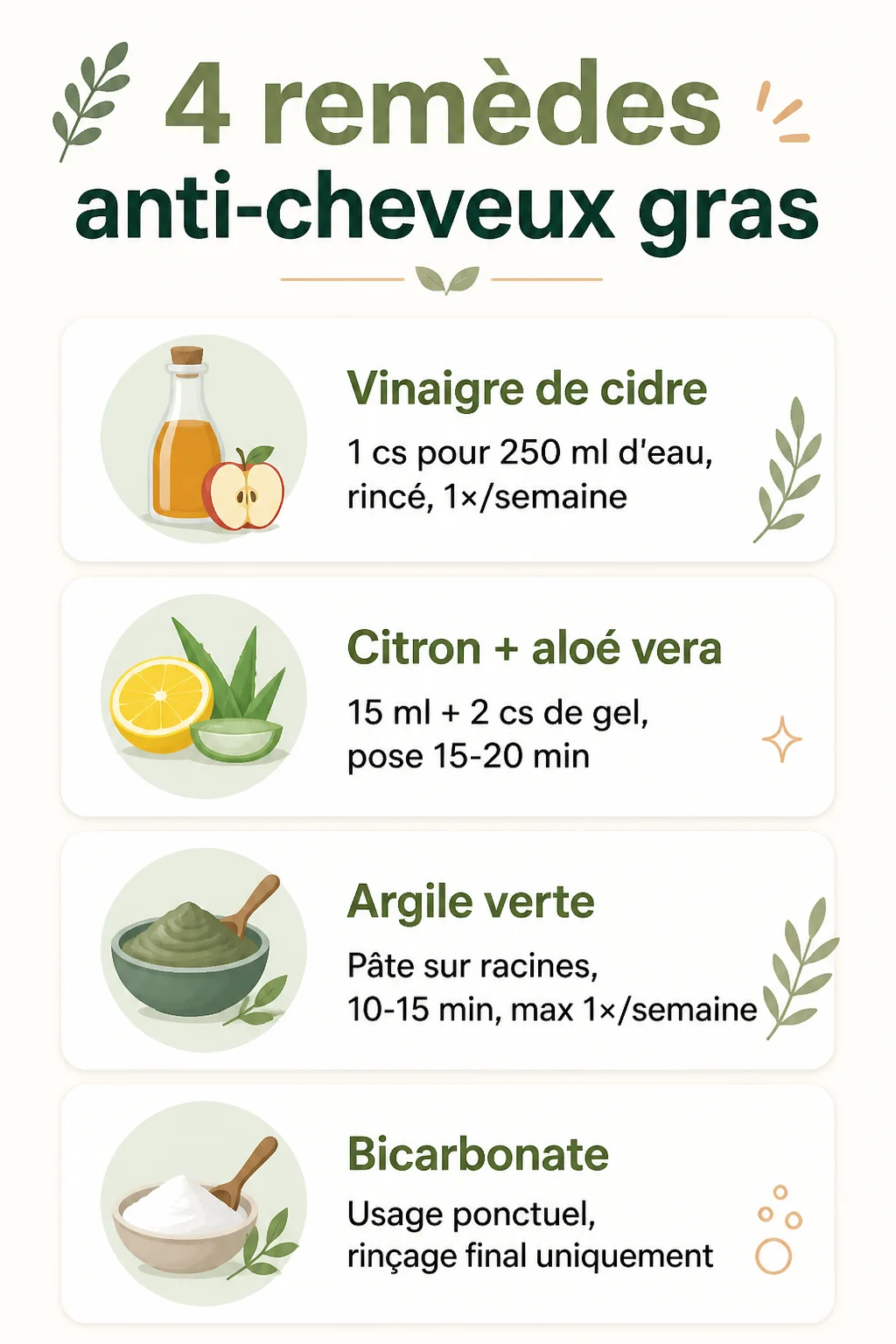 4 remèdes anti-cheveux gras : Vinaigre de cidre, Citron + aloé vera, Argile verte, Bicarbonate