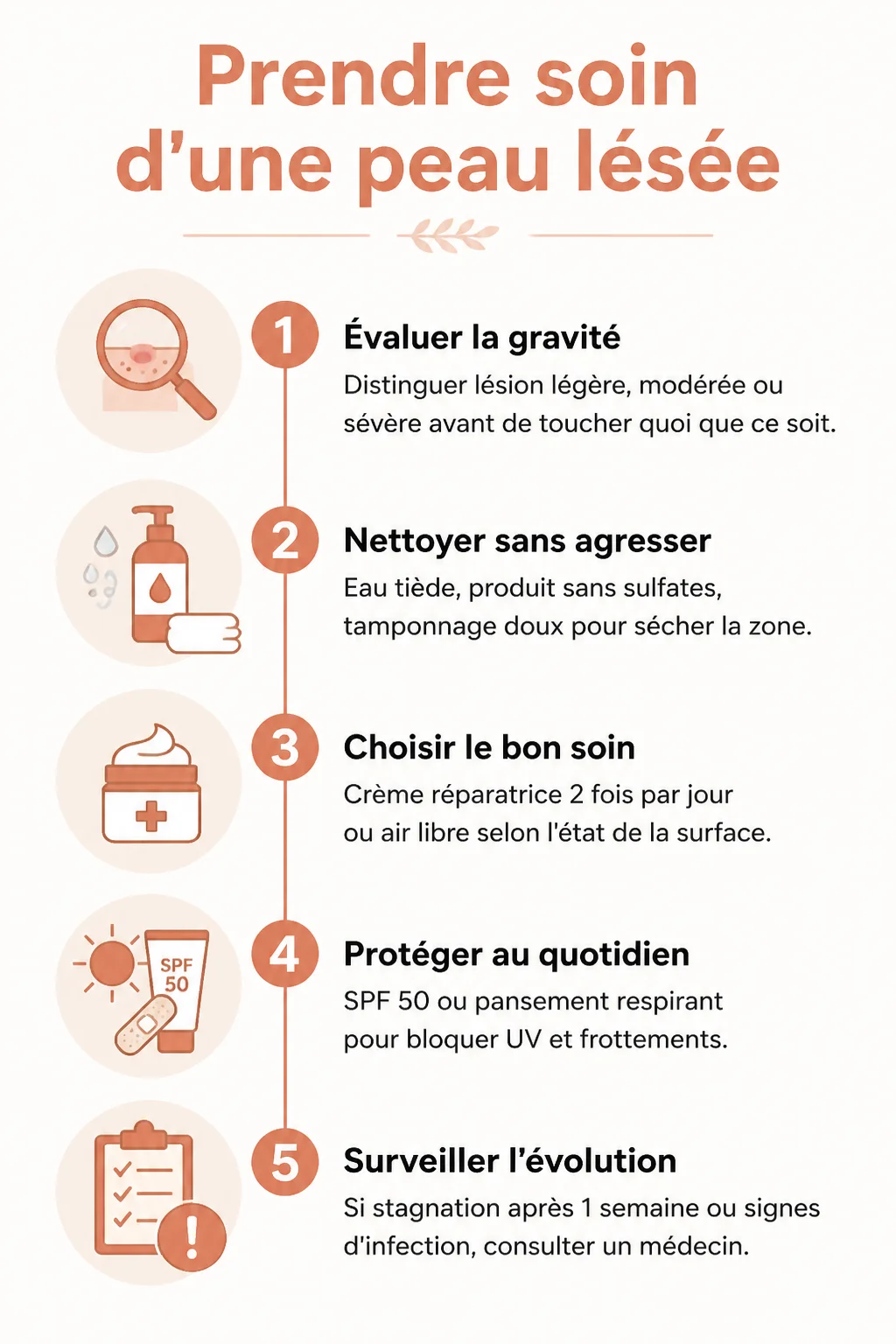 Prendre soin d'une peau lésée : 1. Évaluer la gravité, 2. Nettoyer sans agresser, 3. Choisir le bon soin, 4. Protéger au quotidien, 5. Surveiller l'évolution