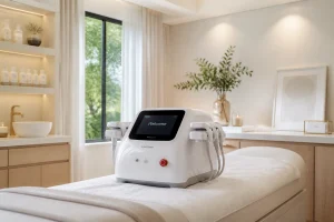 Appareil de laser minceur posé sur une table de soin dans une cabine esthétique lumineuse