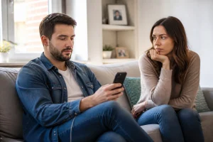 Couple sur un canapé, l'homme éloignant son téléphone tandis que sa femme le regarde avec inquiétude